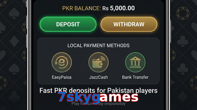 Deposit and withdrawal screen with PKR methods
